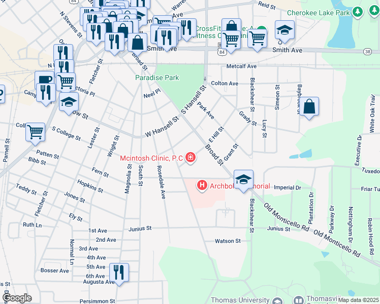 map of restaurants, bars, coffee shops, grocery stores, and more near 114 W Hill St in Thomasville