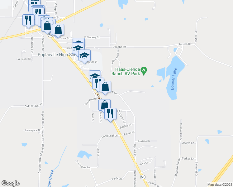 map of restaurants, bars, coffee shops, grocery stores, and more near Barlow Lane in Poplarville