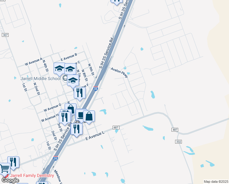map of restaurants, bars, coffee shops, grocery stores, and more near 316 Silvercrest Lane in Jarrell