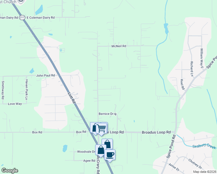 map of restaurants, bars, coffee shops, grocery stores, and more near 9100-9108 Robley Lane in Semmes