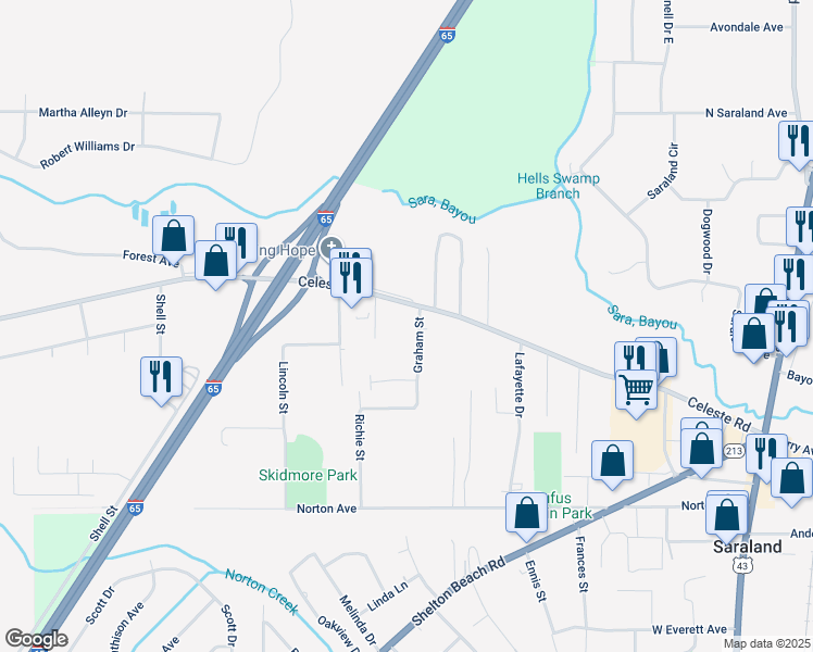 map of restaurants, bars, coffee shops, grocery stores, and more near 515 Celeste Road in Saraland