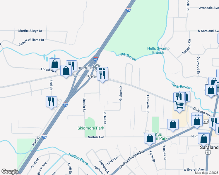 map of restaurants, bars, coffee shops, grocery stores, and more near 515 Celeste Road in Saraland