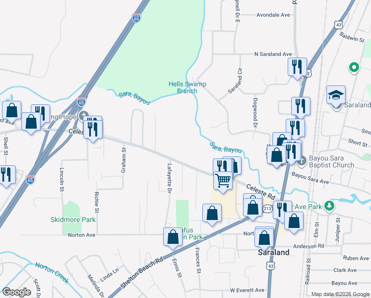 map of restaurants, bars, coffee shops, grocery stores, and more near 304 Celeste Road in Saraland