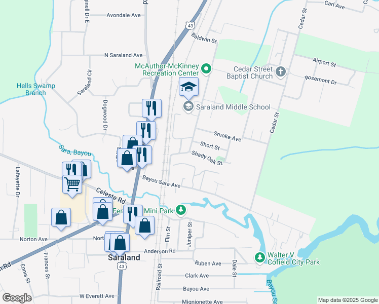 map of restaurants, bars, coffee shops, grocery stores, and more near 401 Baldwin Street in Saraland