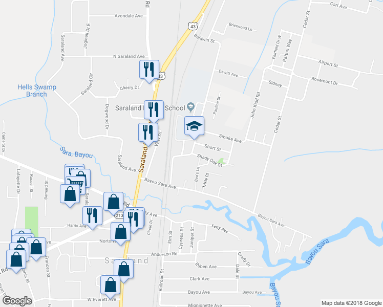 map of restaurants, bars, coffee shops, grocery stores, and more near 401 Baldwin Street in Saraland
