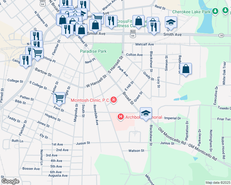 map of restaurants, bars, coffee shops, grocery stores, and more near 114 West Hill Street in Thomasville