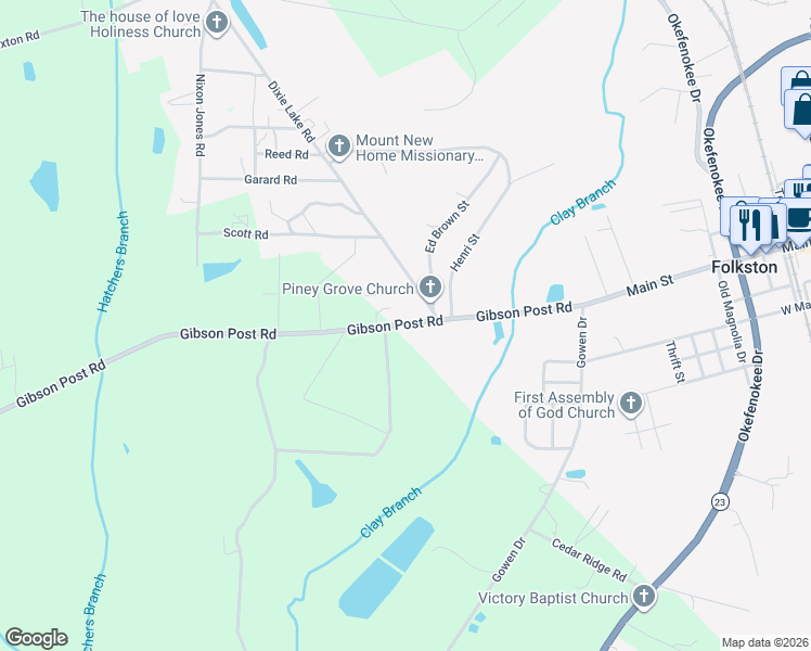 map of restaurants, bars, coffee shops, grocery stores, and more near 2905 Gibson Post Road in Folkston