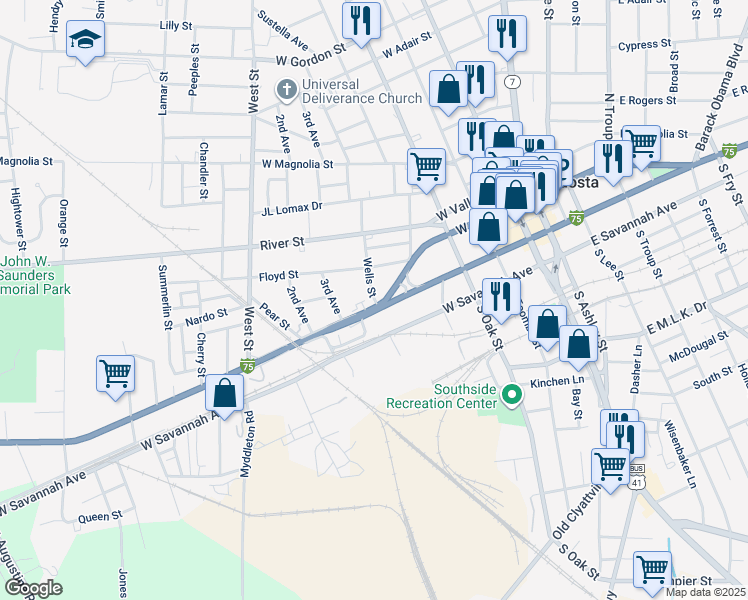 map of restaurants, bars, coffee shops, grocery stores, and more near Wells Street in Valdosta