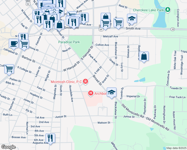 map of restaurants, bars, coffee shops, grocery stores, and more near 910-916 South Broad Street in Thomasville