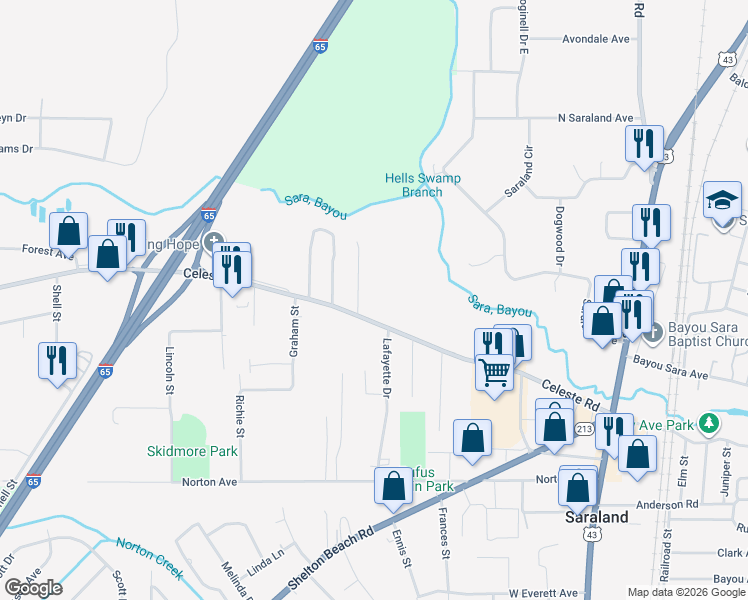 map of restaurants, bars, coffee shops, grocery stores, and more near 328 Celeste Road in Saraland