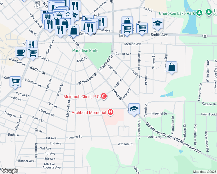 map of restaurants, bars, coffee shops, grocery stores, and more near 714 South Broad Street in Thomasville