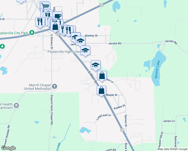 map of restaurants, bars, coffee shops, grocery stores, and more near 6 Spirit Street in Poplarville