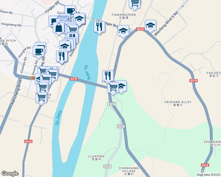 map of restaurants, bars, coffee shops, grocery stores, and more near Chang Qing Lu in Da Zhou Shi