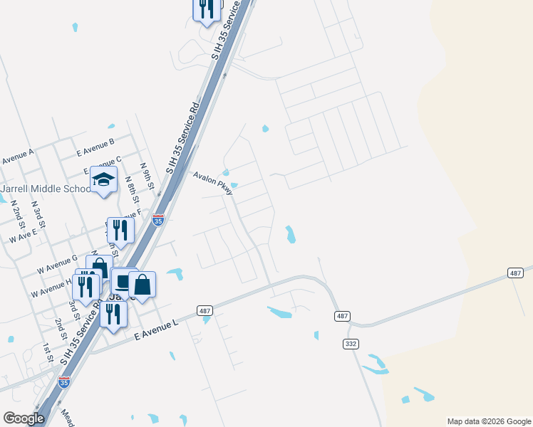 map of restaurants, bars, coffee shops, grocery stores, and more near 1009 Riverdale Cove in Jarrell