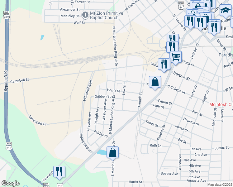 map of restaurants, bars, coffee shops, grocery stores, and more near 501 North Martin Luther King Junior Drive in Thomasville