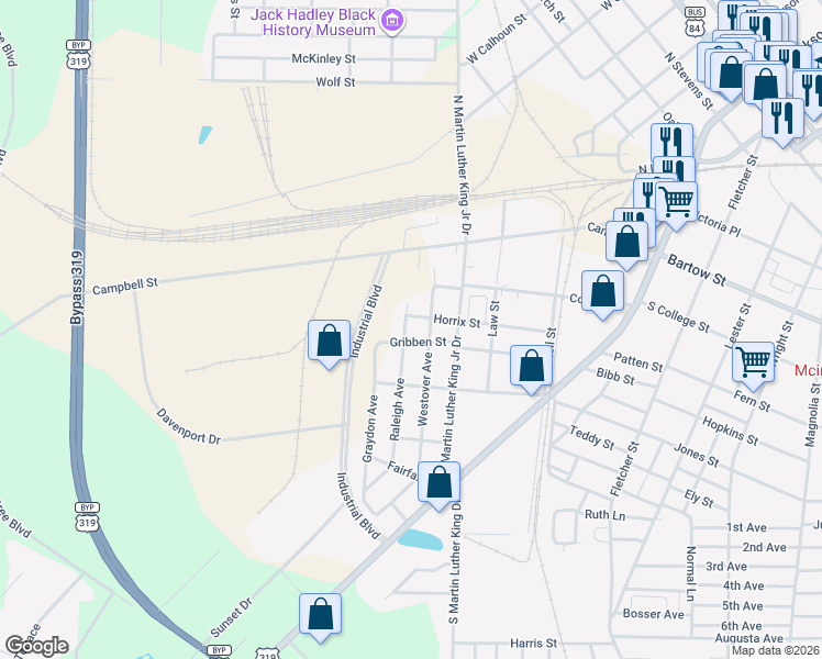 map of restaurants, bars, coffee shops, grocery stores, and more near 227 Raleigh Avenue in Thomasville