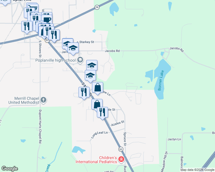 map of restaurants, bars, coffee shops, grocery stores, and more near Barlow Lane in Poplarville