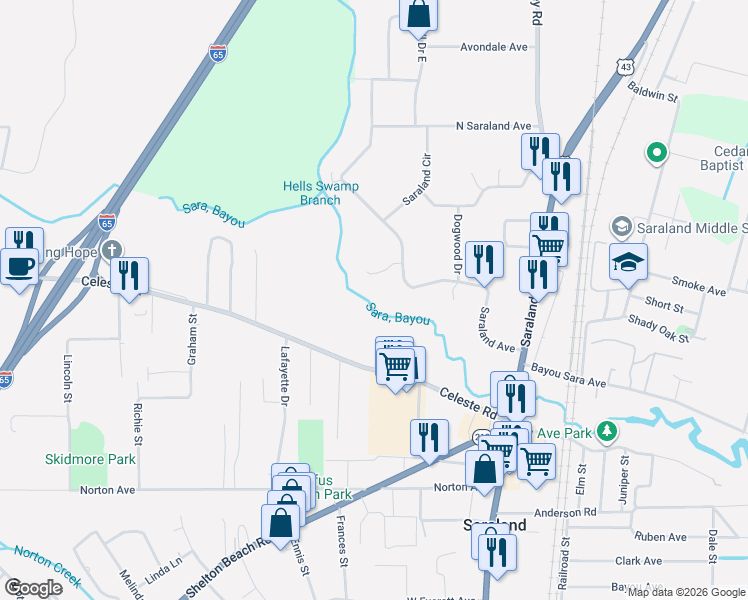 map of restaurants, bars, coffee shops, grocery stores, and more near 349 Saraland Avenue in Saraland