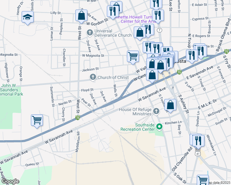 map of restaurants, bars, coffee shops, grocery stores, and more near Wells Street in Valdosta