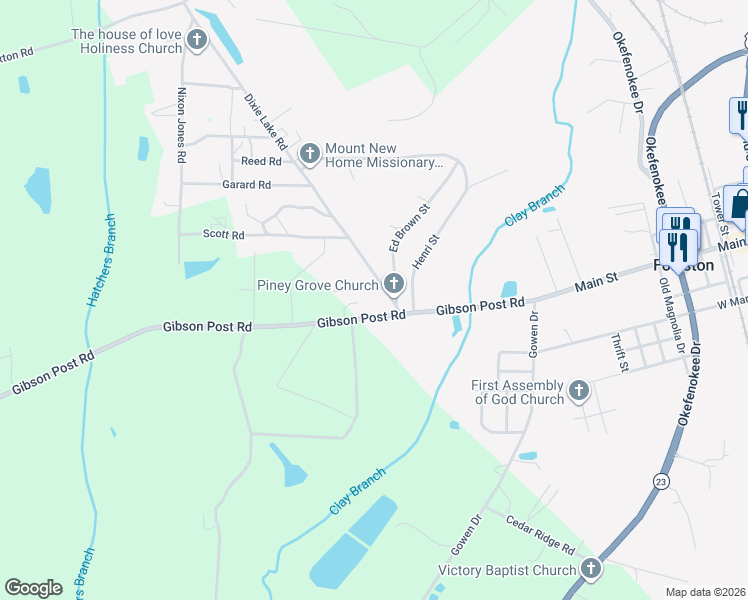 map of restaurants, bars, coffee shops, grocery stores, and more near 2905 Gibson Post Road in Folkston