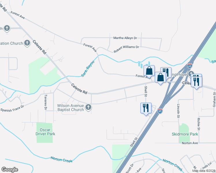 map of restaurants, bars, coffee shops, grocery stores, and more near 1120 Celeste Road in Saraland