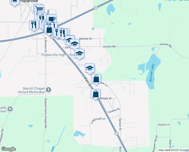 map of restaurants, bars, coffee shops, grocery stores, and more near 6 Spirit Street in Poplarville