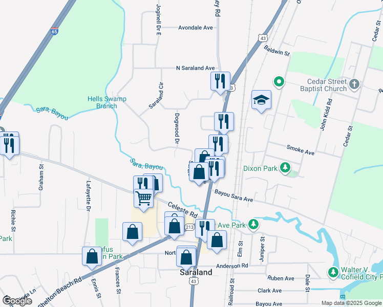 map of restaurants, bars, coffee shops, grocery stores, and more near 1 Saraland Avenue in Saraland