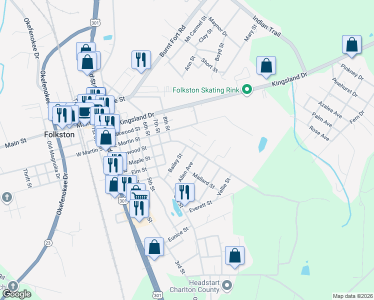 map of restaurants, bars, coffee shops, grocery stores, and more near 203 Henry Lee Bailey Road in Folkston