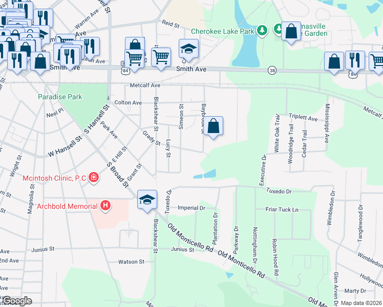 map of restaurants, bars, coffee shops, grocery stores, and more near 604 Grady Street in Thomasville