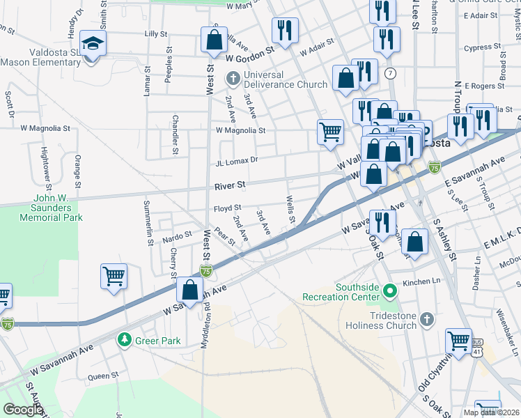 map of restaurants, bars, coffee shops, grocery stores, and more near 519 Floyd Street in Valdosta