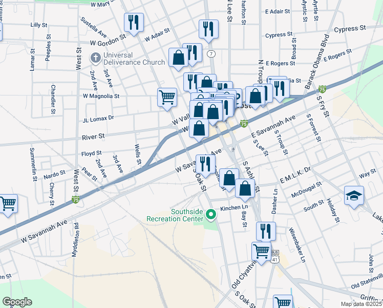 map of restaurants, bars, coffee shops, grocery stores, and more near 215 West Hill Avenue in Valdosta