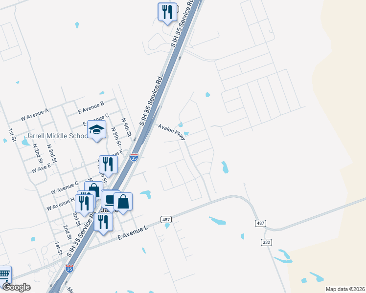map of restaurants, bars, coffee shops, grocery stores, and more near 101 Dupont Pass in Jarrell