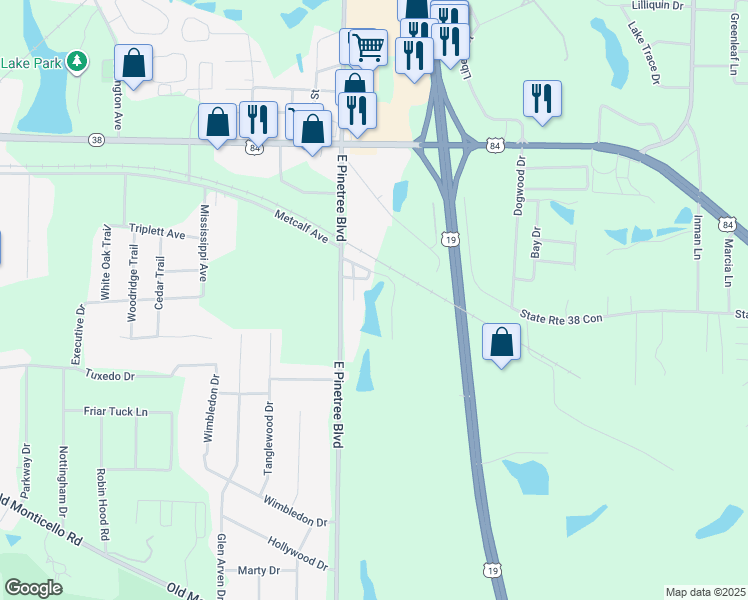 map of restaurants, bars, coffee shops, grocery stores, and more near 750 South Pinetree Boulevard in Thomasville