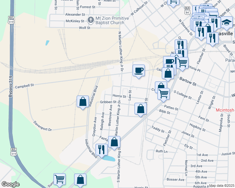 map of restaurants, bars, coffee shops, grocery stores, and more near 501 North Martin Luther King Junior Drive in Thomasville