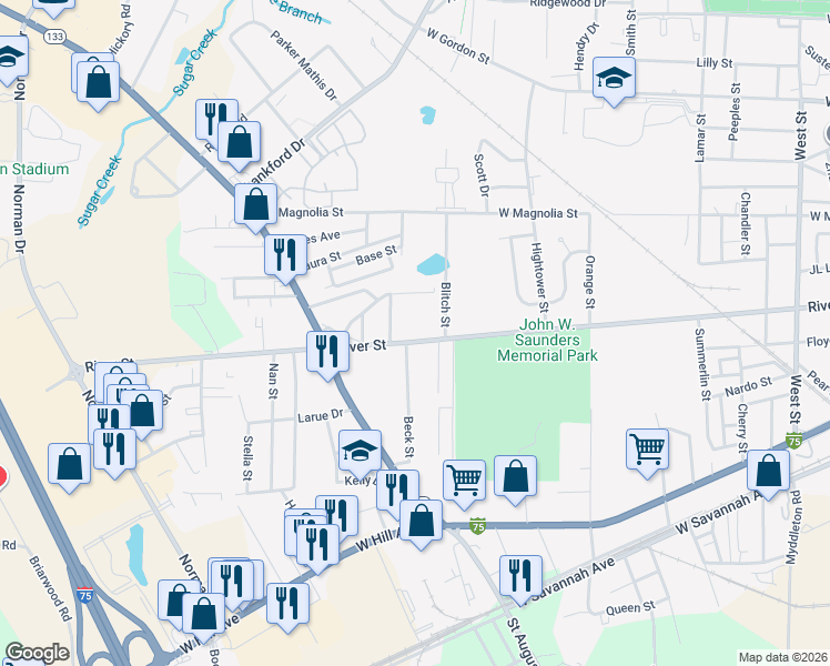 map of restaurants, bars, coffee shops, grocery stores, and more near 1410 River Street in Valdosta