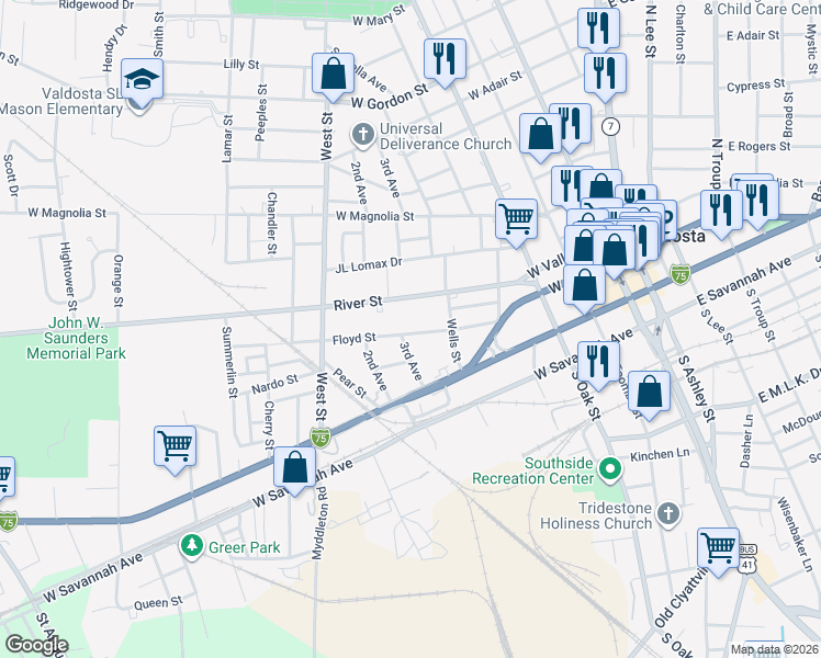 map of restaurants, bars, coffee shops, grocery stores, and more near 519 Floyd Street in Valdosta