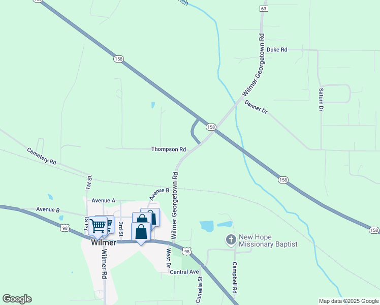 map of restaurants, bars, coffee shops, grocery stores, and more near 10030 Wilmer Georgetown Road in Wilmer