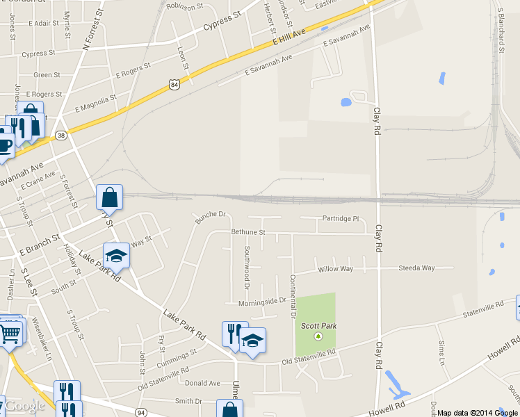 map of restaurants, bars, coffee shops, grocery stores, and more near 22 Pinetree Circle in Valdosta