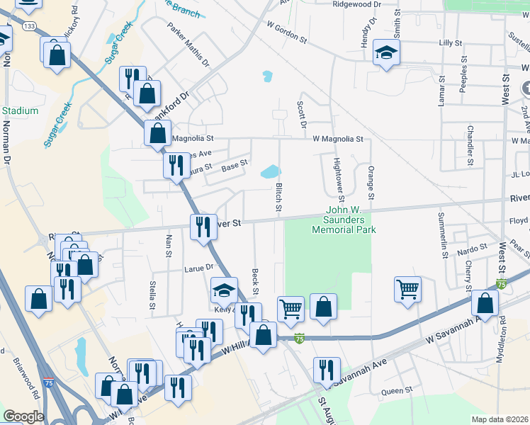 map of restaurants, bars, coffee shops, grocery stores, and more near 1410 River Street in Valdosta
