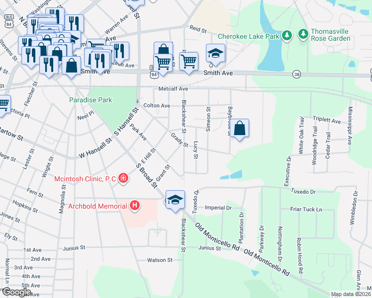 map of restaurants, bars, coffee shops, grocery stores, and more near 212 Grant Street in Thomasville