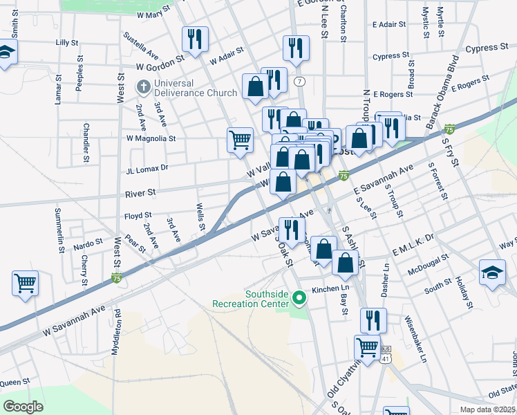 map of restaurants, bars, coffee shops, grocery stores, and more near 215 West Hill Avenue in Valdosta