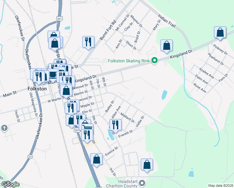 map of restaurants, bars, coffee shops, grocery stores, and more near 203 Henry Lee Bailey Road in Folkston