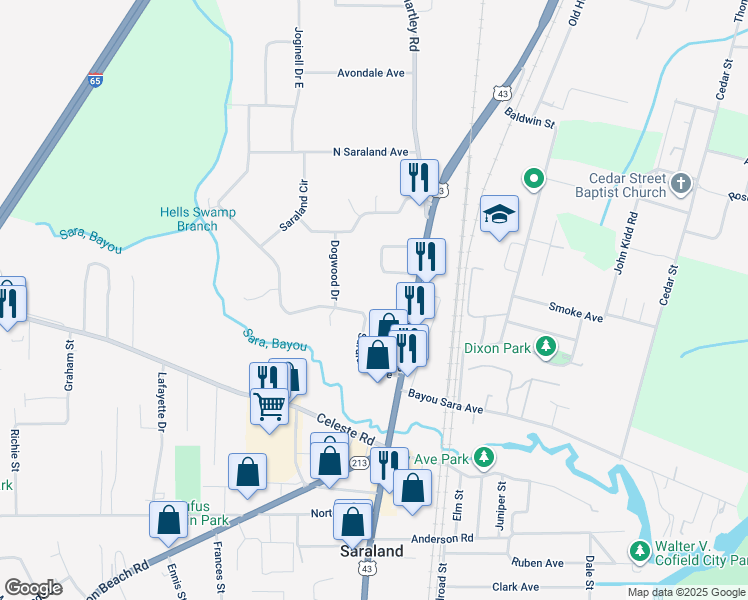 map of restaurants, bars, coffee shops, grocery stores, and more near 1-205 Saraland Ave in Saraland