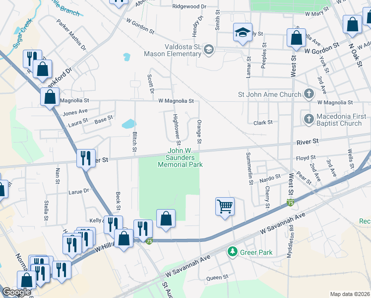 map of restaurants, bars, coffee shops, grocery stores, and more near 1108 River Street in Valdosta