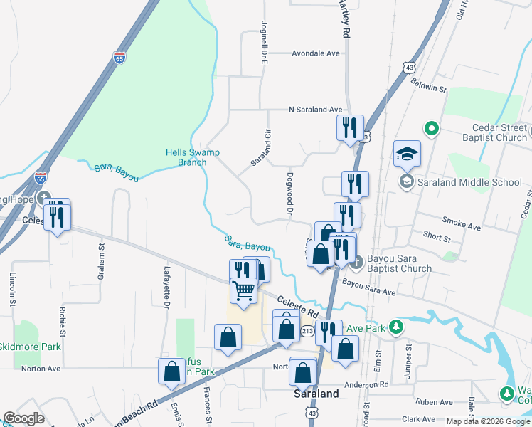 map of restaurants, bars, coffee shops, grocery stores, and more near 336 Saraland Avenue in Saraland