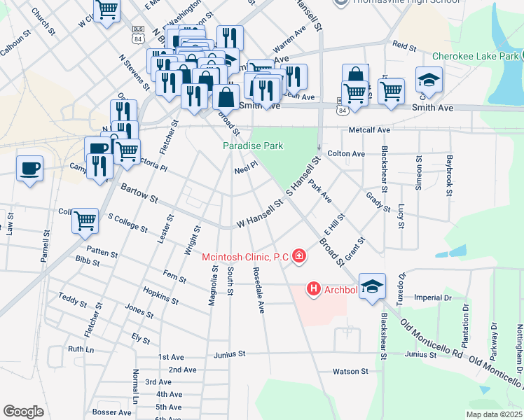 map of restaurants, bars, coffee shops, grocery stores, and more near 424 Gordon Avenue in Thomasville