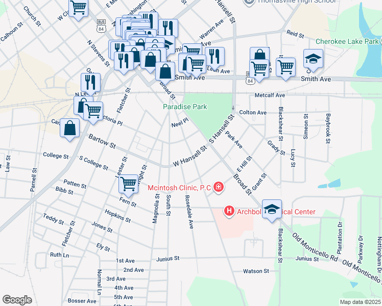 map of restaurants, bars, coffee shops, grocery stores, and more near 424 Gordon Avenue in Thomasville