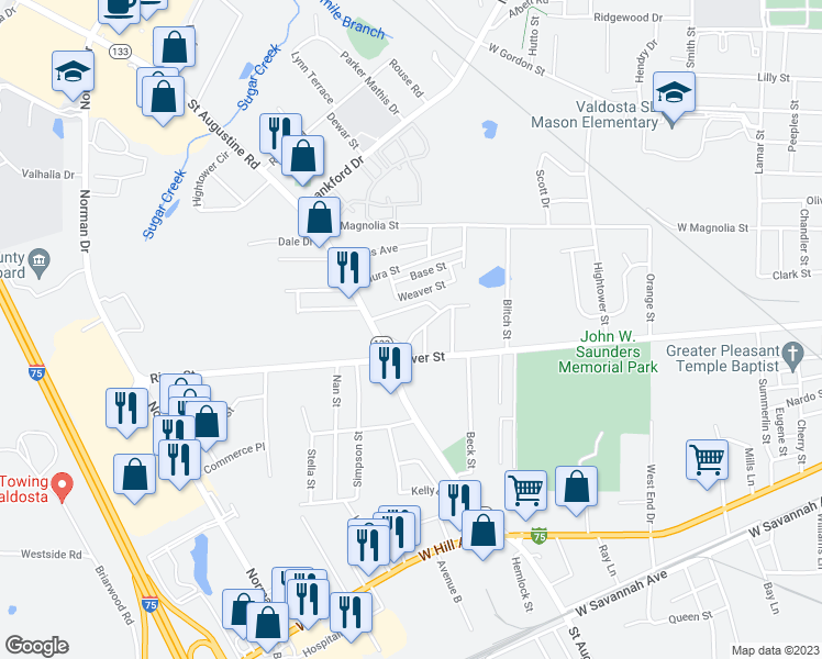 map of restaurants, bars, coffee shops, grocery stores, and more near 104 Moss Oak Drive in Valdosta