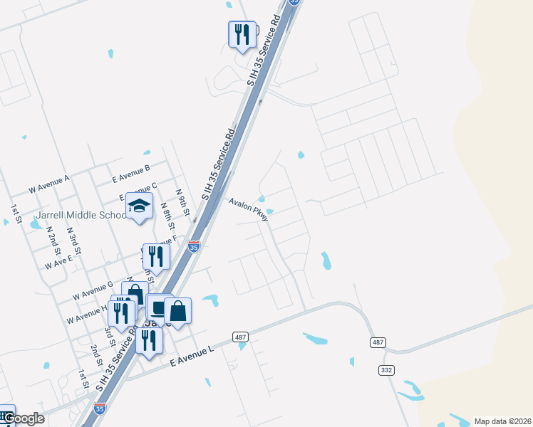 map of restaurants, bars, coffee shops, grocery stores, and more near 121 Fox Glen Cove in Jarrell