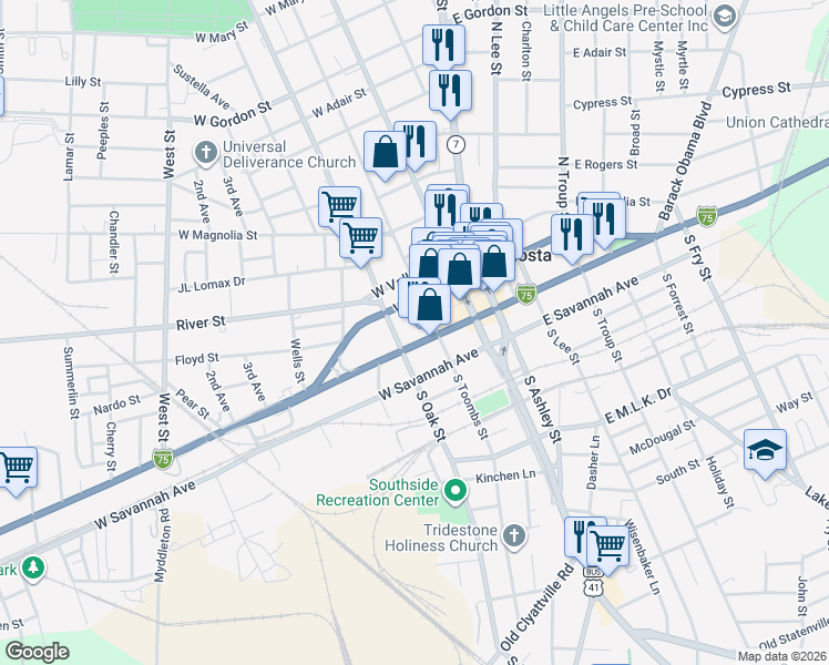 map of restaurants, bars, coffee shops, grocery stores, and more near 203 West Central Avenue in Valdosta